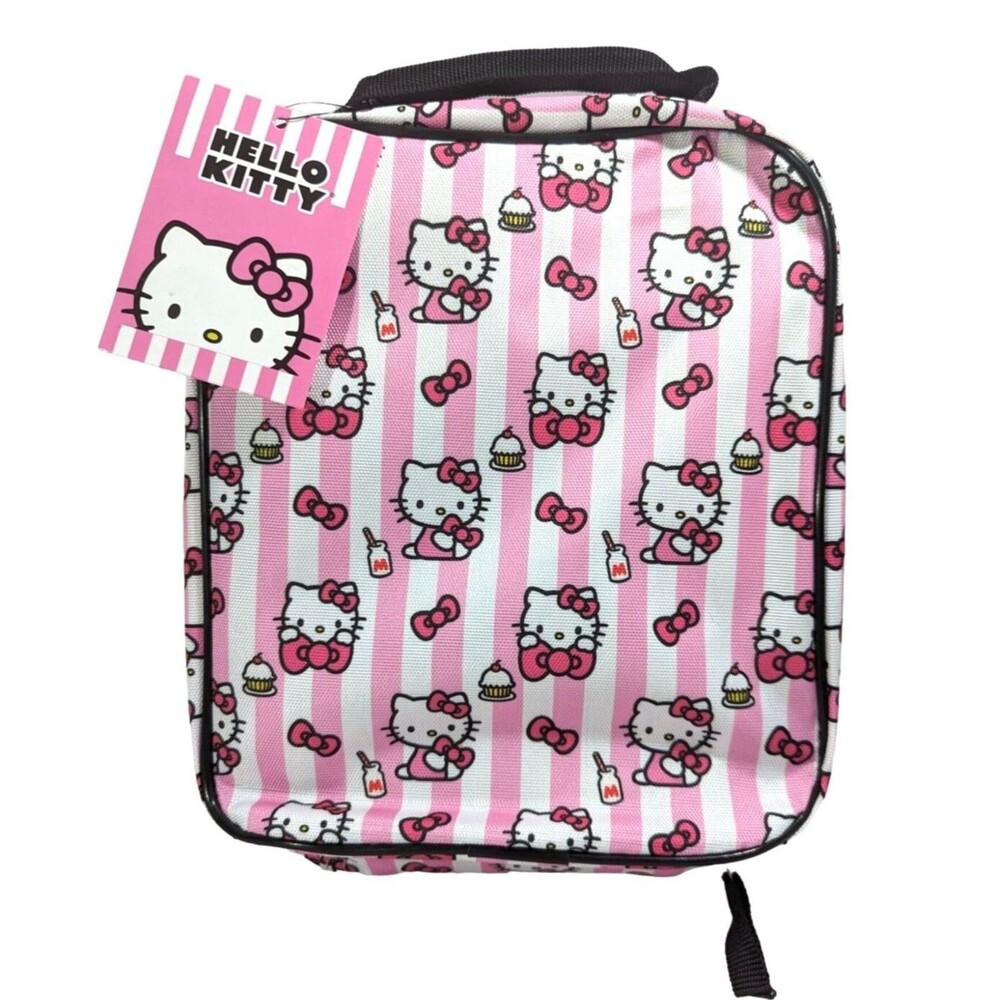 Sanrio Hello Kitty Lunch Bag School Tote Insulated Pink Stripe Bow Cupcakes NEW
